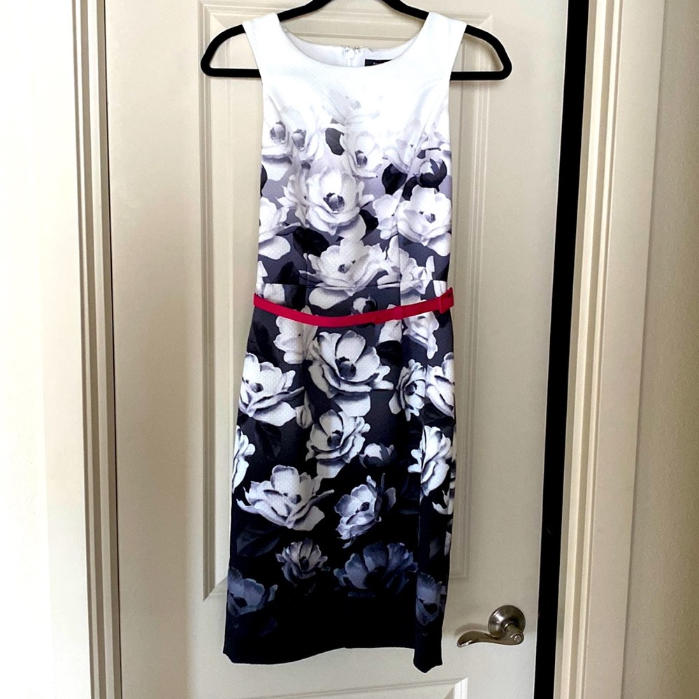 White House Black Market fitted knee length dress with accent bright pink belt.